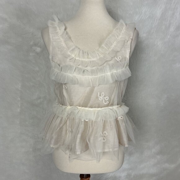 Sister Jane Dream Tulle Ruffle Embroidered Vanilla Ice Bow Top M - Picture 1 of 7